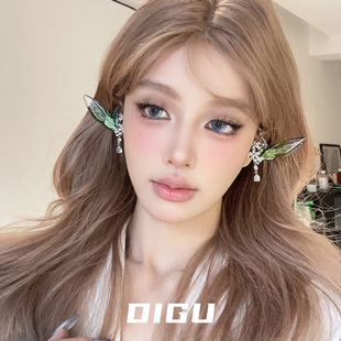 DIGU森系仙气绿色精灵耳耳夹女轻奢镶钻花朵水滴无耳洞耳骨夹耳饰