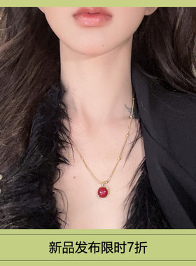 简约红色小方块吊坠项链独特小众