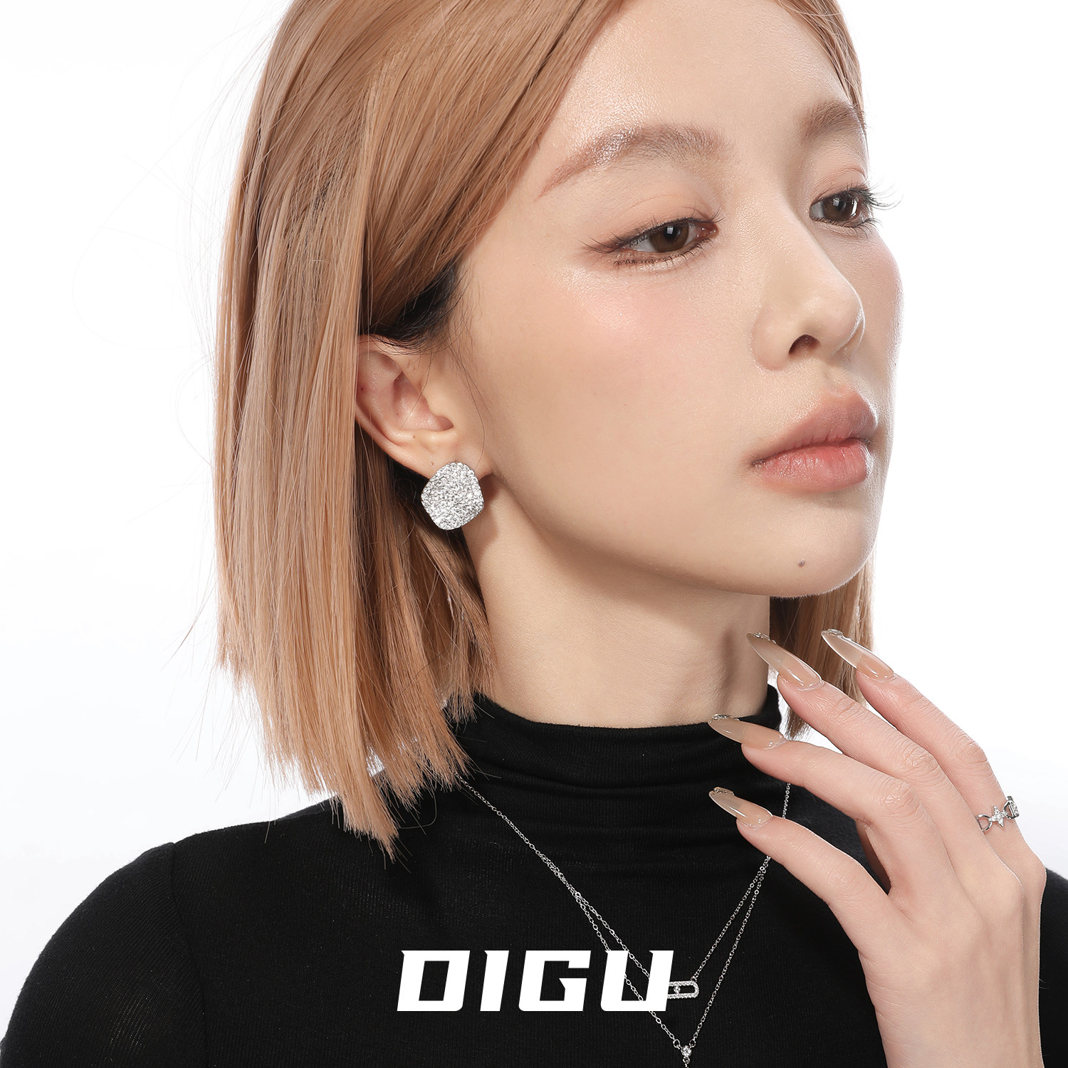 DIGU超闪满钻不规则耳环女气质冷淡风金属镶钻耳钉轻奢高级感耳饰