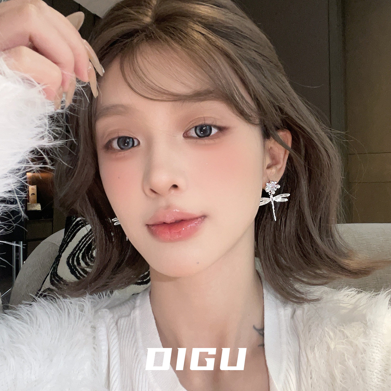 DIGU精致小众花朵蜻蜓耳环女冷淡风设计感镶钻耳钉气质高级感耳饰