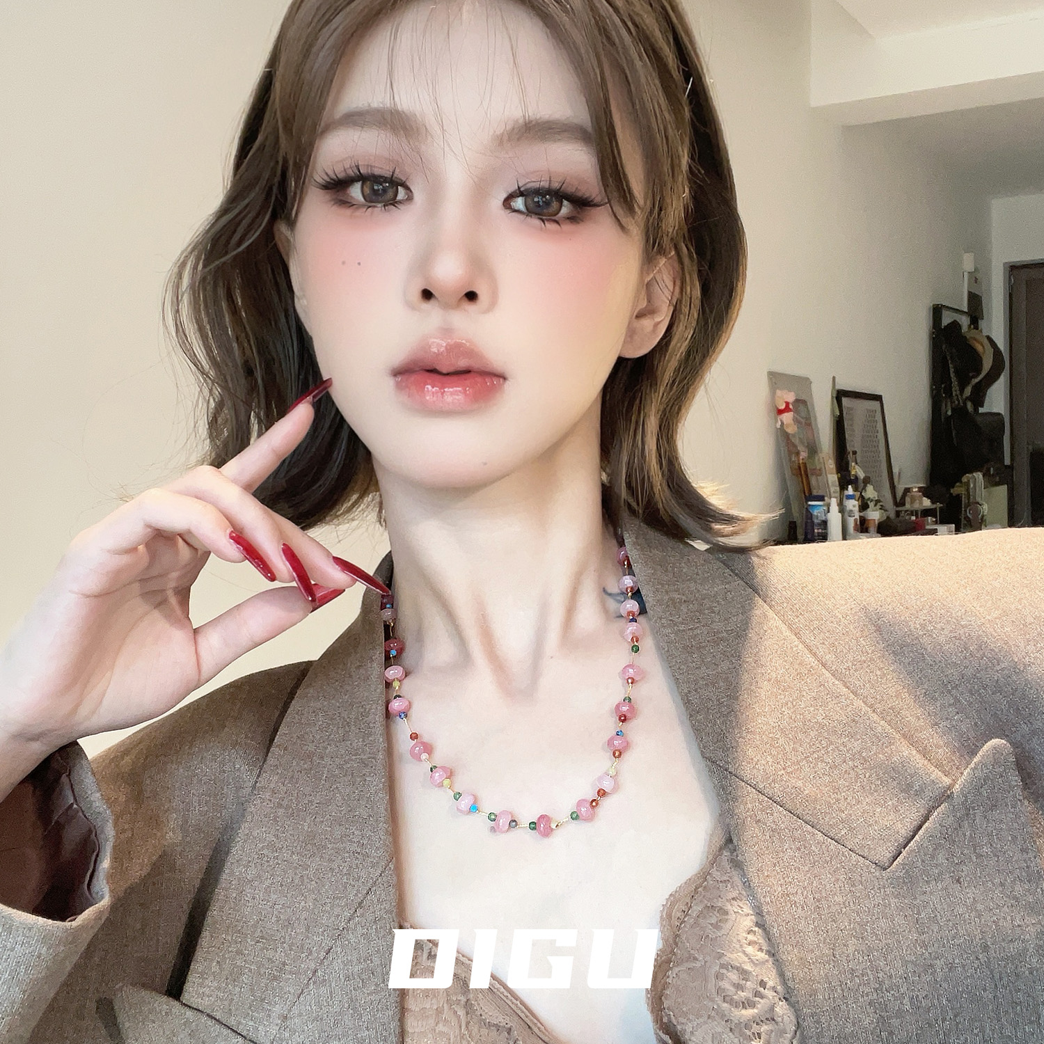 甜美粉色天然石串珠项链清新小众