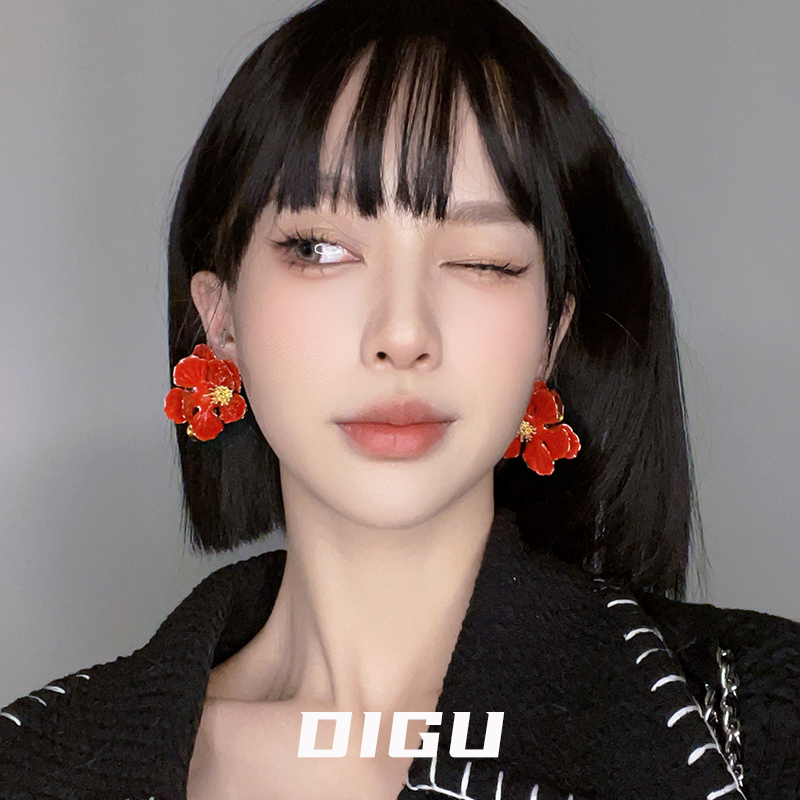 小众复古红白花瓣耳环女