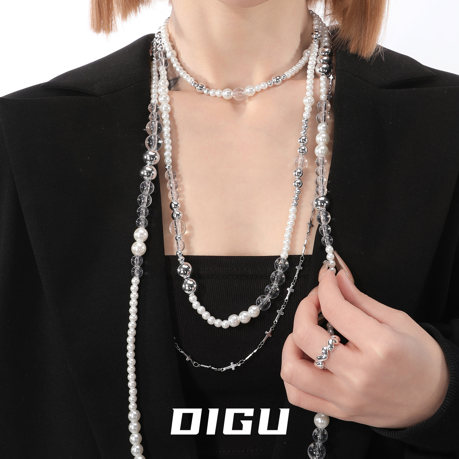 DIGU四件套~夸张仿珍珠水晶多层珍珠项链女轻奢颈链独特小众颈链