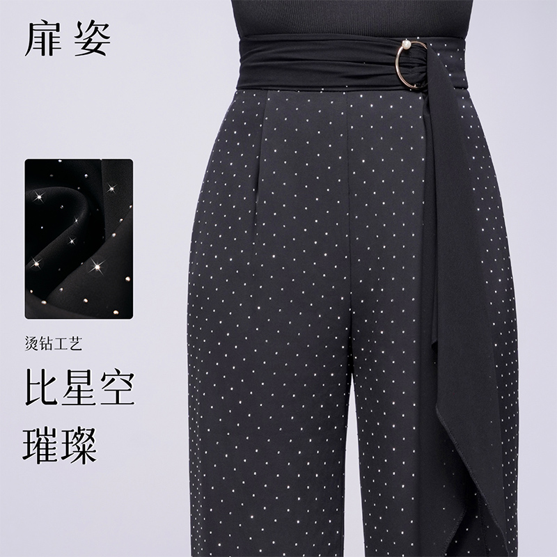 扉姿 摩登舞裤女士薄款西裤拉丁舞国标闪灵烫钻飘带裤子F2145