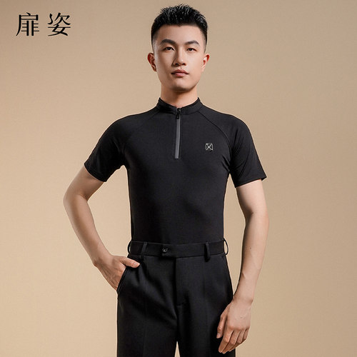 扉姿男士摩登舞上衣t恤高弹力交谊舞国标舞比赛华尔兹练功服F5019