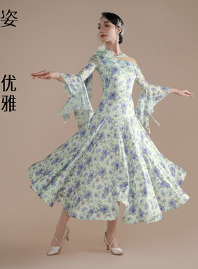 扉姿 摩登舞裙女士古典舞蹈裙交谊舞印花大摆连衣裙跳舞长裙F3081
