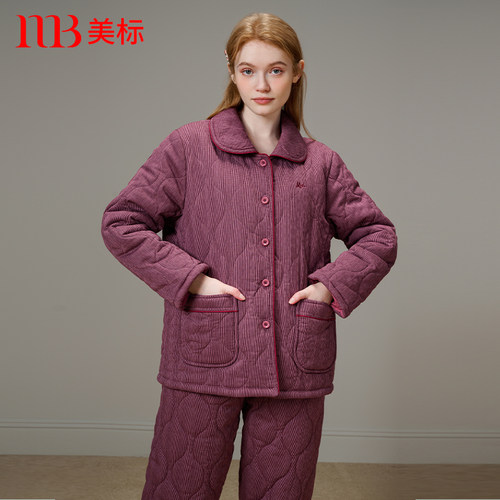 美标层加厚夹棉睡衣套装女冬