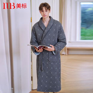 美标秋冬三层加厚夹棉中长款 咖啡碳保暖可外穿家居服睡衣 睡袍男士