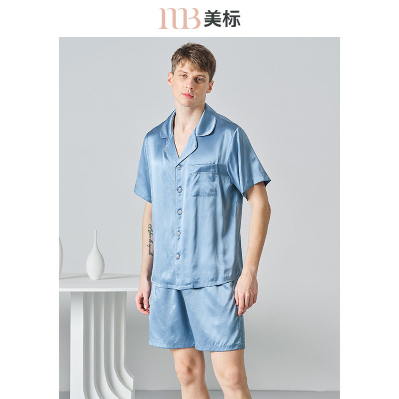 美标真丝短袖短裤男士春夏睡衣套装19姆米重磅100%桑蚕丝绸家居服