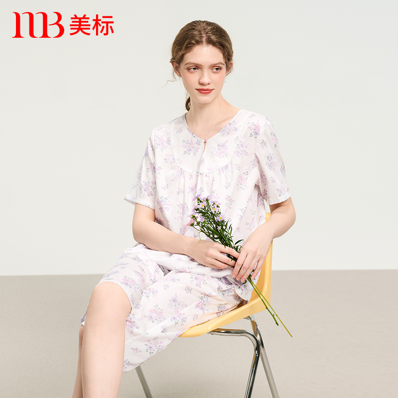 美标梭织纯棉贡缎印花短袖睡衣套