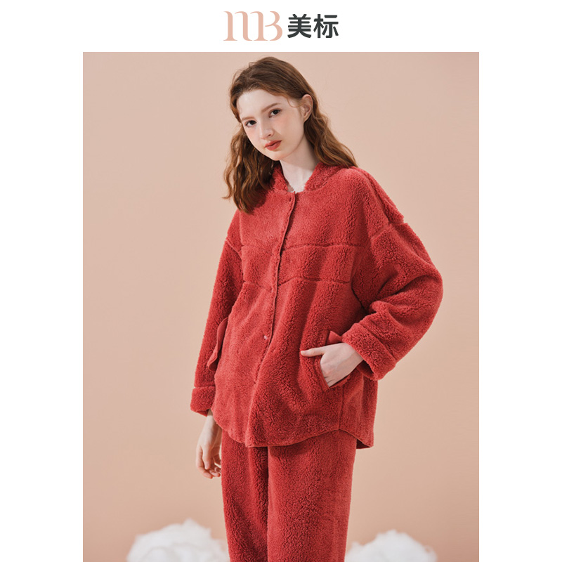 美标加厚保暖珊瑚绒睡衣套装女冬