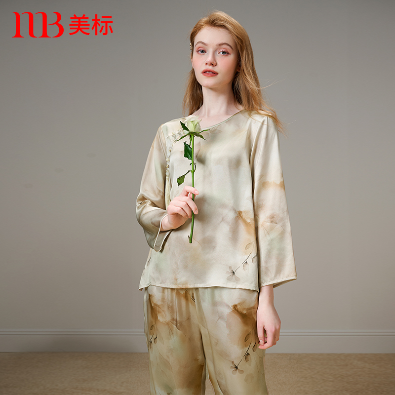 美标复古100%桑蚕丝七分袖睡衣