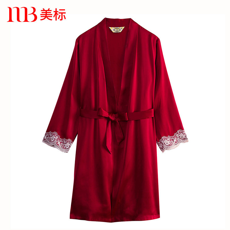 美标真丝睡衣女夏桑蚕丝丝绸睡袍吊带套装新婚性感晨袍家居服送礼