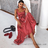 欧美大气条纹印花拼接大摆波西米亚连衣裙 5码 INS大热款 度假裙