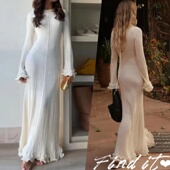 Find春秋新款 气质及踝长裙 木耳边修身 2色欧美风喇叭袖 针织连衣裙