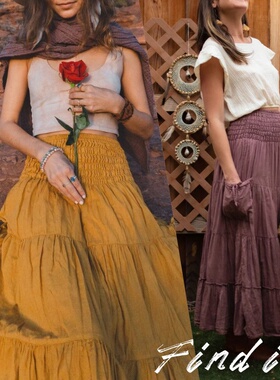 Find新款9色欧美休闲半身裙 波西米亚宽松纯色长裙含口袋两穿裹裙