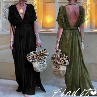 裙 防晒沙滩裙女 绑绳V领露背性感宽松罩衫 Find度假风开叉长裙5色