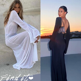 Find欧美风性感露背长袖透视网眼连衣裙 比基尼泳衣防晒罩衫长裙