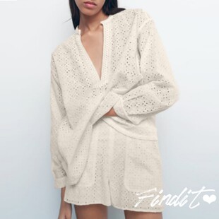 Findit手工钩编度假休闲短裤女 时尚镂空贝壳纹装饰沙滩裤+上衣