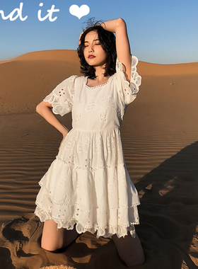 仅S现货 外单法国小众复古桔梗连衣裙 白色夏收腰海边度假沙滩裙