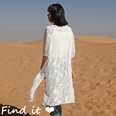 刺绣雪纺纱中长款防晒开衫外套