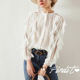 Findit客供苎麻面料法式花边波浪蕾丝白衬衫 宽松百搭开衫式上衣