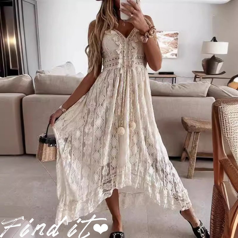 Find欧美波西米亚风INS热卖款蕾丝吊带不规则大摆裙球球装饰长裙