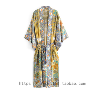 夏季新品度假防嗮外套 波西米亚印花沙滩长款和服式开衫连衣裙
