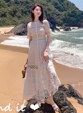 仅S现货高品质白色气质仙度假长裙 刺绣拼接收腰显瘦蕾丝长连衣裙