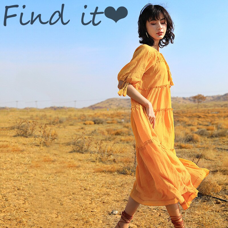 显白黄色Find欧美甜美度假小个子刺绣连衣裙 宽松中长裙防嗮罩衫