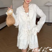 小众套装 衬衫 新款 Find法式 复古镂空刺绣开衫 棉麻长袖 刺绣短裤