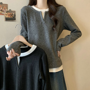 假两件加绒长袖t恤女2025新款秋冬宽松大码女装初中生德绒打底衫