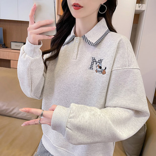 假两件格子小狗卫衣女春秋韩版宽松薄款初中生翻领polo衫上衣外套