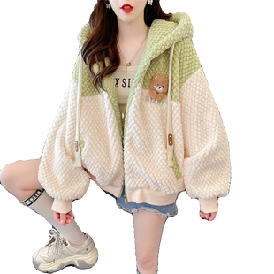 连帽卫衣女秋冬季韩版宽松加绒加厚小个子撞色保暖羊羔毛开衫外套