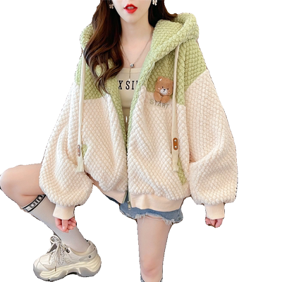 小个子撞色羊羔毛外套女秋冬