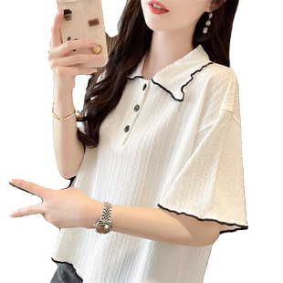 polo领小个子短袖t恤女夏季2024新款韩版宽松大码娃娃领短款上衣