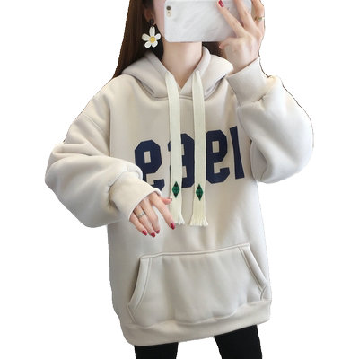 加绒加厚宽松中长款印花卫衣女