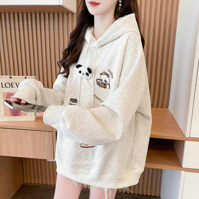 加绒加厚宽松慵懒风刺绣卫衣女