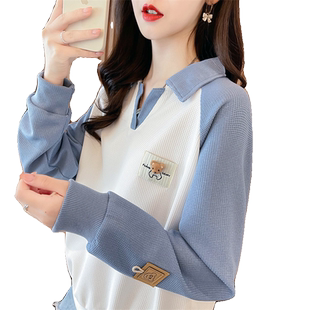 翻领polo衫卫衣女秋冬季韩版宽松加绒加厚v领华夫格拼色上衣外套