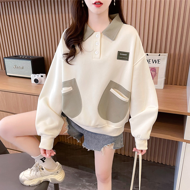 加绒加厚宽松小个子撞色卫衣女