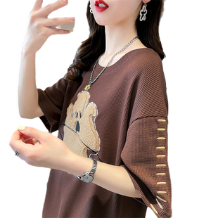 短袖t恤女夏季韩版宽松大码女装中长款小个子卡通华夫格上衣服潮
