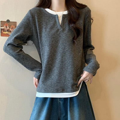 长袖t恤女小个子加绒假两件