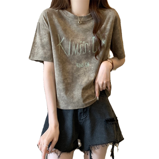 渐变色扎染短袖t恤女2024新款夏季韩版宽松大码女装正肩显瘦上衣