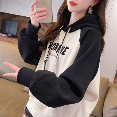 加绒加厚宽松小个子刺绣卫衣女