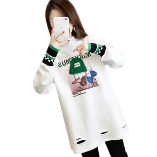 长袖t恤女春秋韩版宽松大码女装中长款内搭加绒假两件打底衫上衣