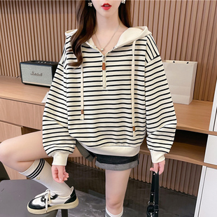 小个子百搭条纹开衫 宽松薄款 外套 韩版 设计感小众连帽卫衣女春秋季