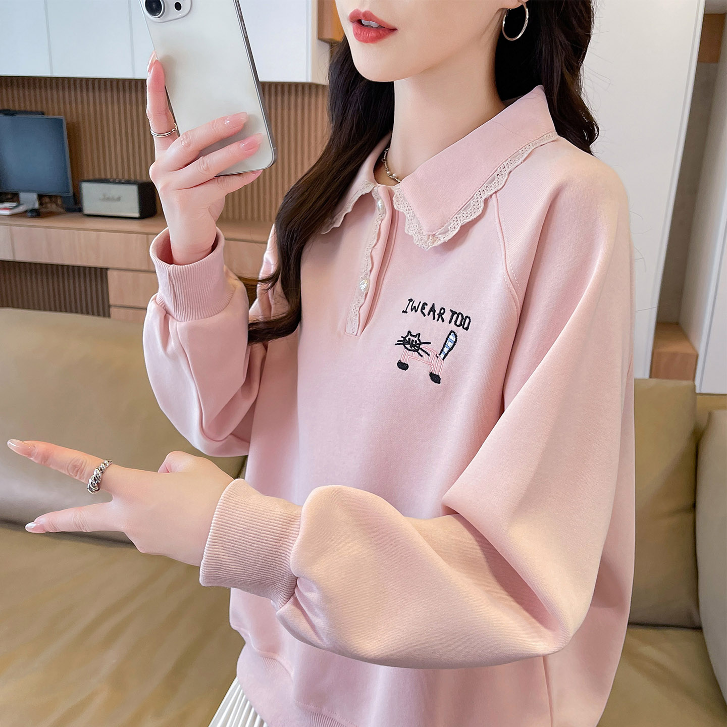 蕾丝花边polo领卫衣女2026新款春秋季韩版宽松薄款初中生上衣外套