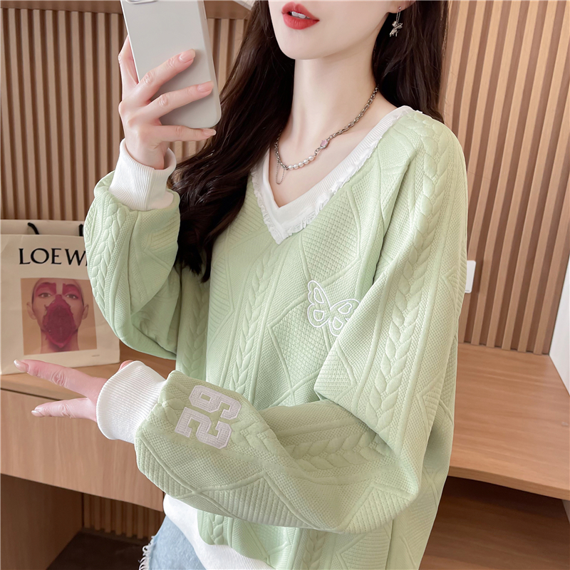 V领卫衣女春秋薄款撞色