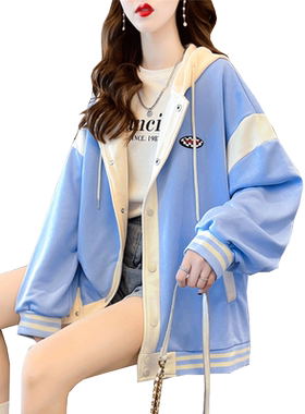 薄款宽松慵懒风拼色棒球服卫衣女