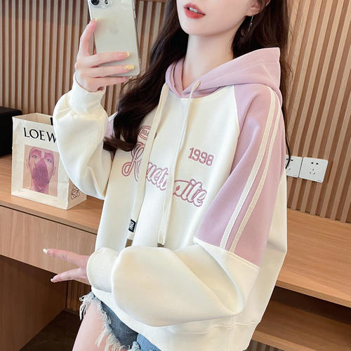 薄款宽松慵懒风撞色卫衣女